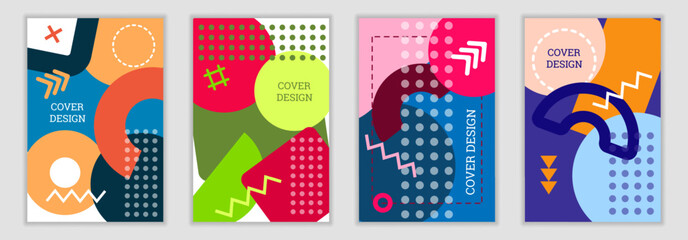 Bright background in Memphis style. Set of geometric cover designs. Fashionable bright cover, banner, poster, booklet. Bright colors. Vector