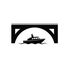 Black boat sailing under arched bridge vector