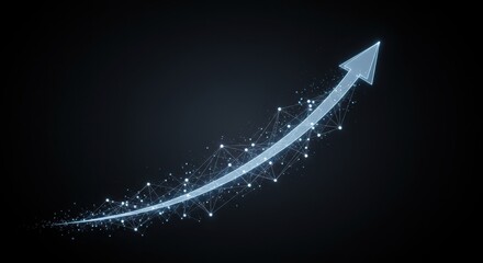 A vibrant blue digital arrow, composed of glowing interconnected particles, elegantly ascends against a dark background, representing technological progress and growth.