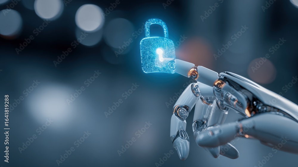 Aufkleber robot hand interacting with hologram lock symbol - cyber security and artificial intelligence concep