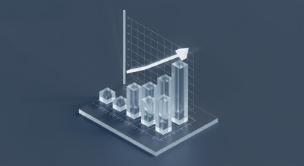 Fototapeta premium A sleek, transparent 3D bar chart with an upward arrow symbolizes business growth, financial success, and data-driven progress in a modern digital landscape.