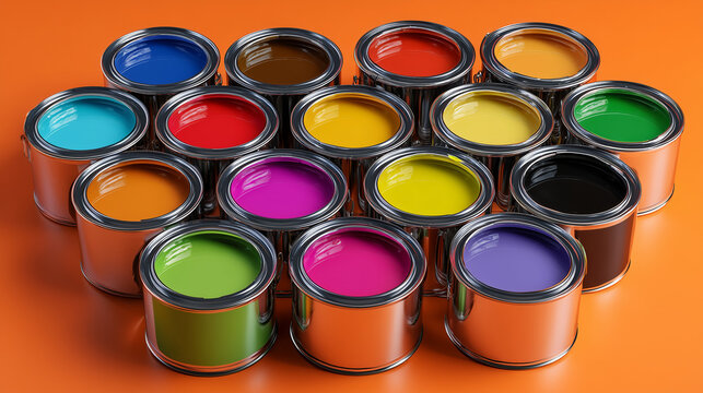 Top view of multiple open paint cans filled with vibrant colors on orange background for decoration and design concepts