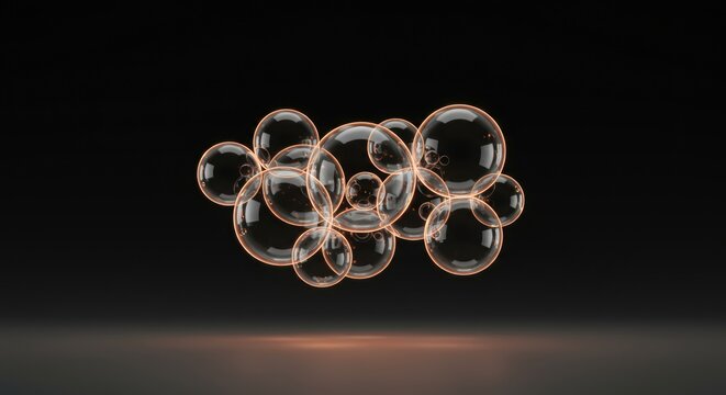 A captivating cluster of glowing, translucent spheres floats gracefully against a dark, reflective background, evoking a sense of scientific wonder and abstract beauty.