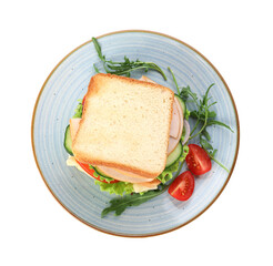 Tasty sandwich with ham and vegetables isolated on white, top view