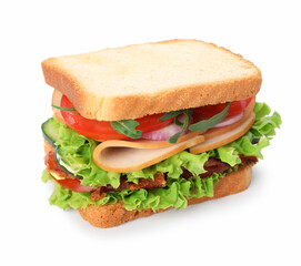 Tasty sandwich with ham, bacon and vegetables isolated on white