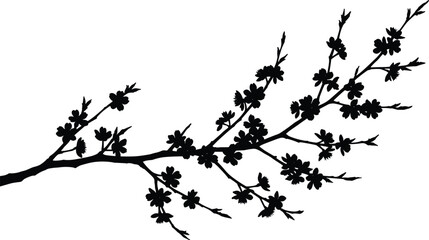 Blossoming branch silhouette, cherry blossom clipart, floral twig vector, spring flower branch black silhouette, nature clip art