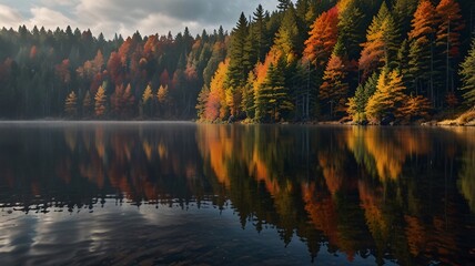 Naklejka premium Autumn Lake with Misty Forest and Vibrant Foliage Reflections V1