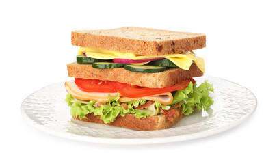 Tasty sandwich with ham, bacon, cheese and vegetables isolated on white