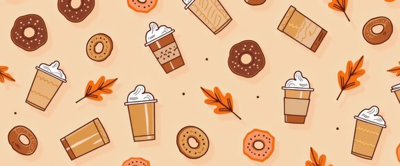 Cozy autumn pattern featuring delicious donuts and warm coffee drinks with decorative fall leaves perfect for seasonal designs and backgrounds