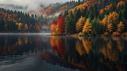 Fototapeta premium Autumn Lake with Misty Forest and Vibrant Foliage Reflections V5