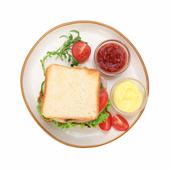 Tasty sandwich with ham, vegetables and sauces isolated on white, top view