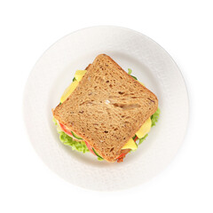 Tasty sandwich with cheese and vegetables isolated on white, top view