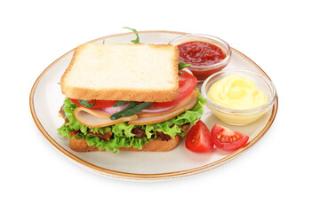 Tasty sandwich with ham, bacon, vegetables and sauces isolated on white