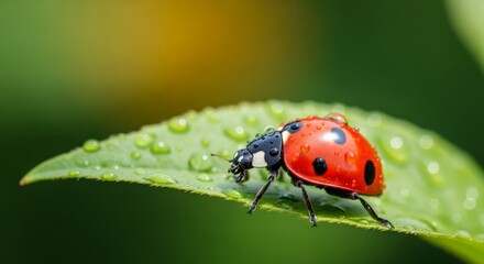Fototapeta premium Ladybug on Dew-Kissed Leaf
