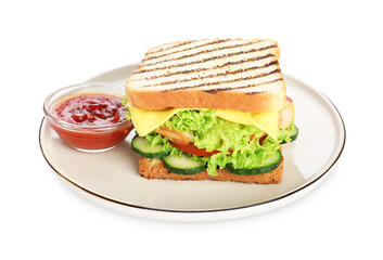 Tasty sandwich with ham, cheese, vegetables and sauce isolated on white