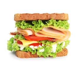 Tasty sandwich with ham, bacon, cheese and vegetables isolated on white
