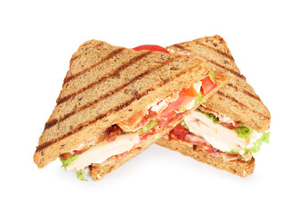 Tasty sandwiches with ham, bacon, cheese cream and vegetables isolated on white