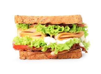 Tasty sandwich with ham, bacon, cheese and vegetables isolated on white