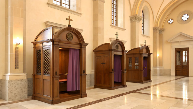 Three wooden confessionals inside of a church with marble floors and columns