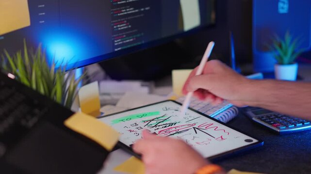 Crossed Out Notes Failed Project tablet screen notes Person marking over a chaotic to-do list on a digital tablet, symbolizing project rejection, mistakes, or abandoned work in a creative or office se