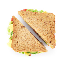 Tasty sandwiches with cheese and vegetables isolated on white, top view