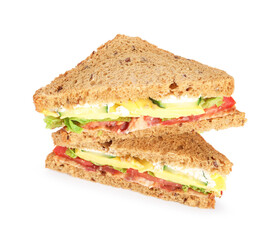 Tasty sandwiches with bacon, cheese and vegetables isolated on white