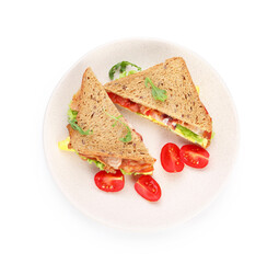 Tasty sandwiches with bacon, cheese and vegetables isolated on white, top view