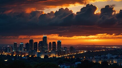 Fototapeta premium Dramatic Sunset Skyline with Silhouetted Cityscape and Vibrant Sky V6