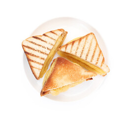 Tasty sandwiches with melted cheese isolated on white, top view