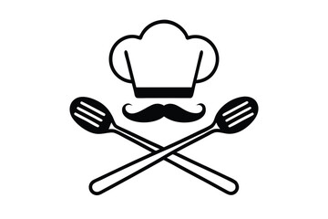 Chef hat and mustache are featured above crossed spoons in black outline against white