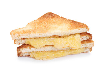 Tasty sandwiches with melted cheese isolated on white