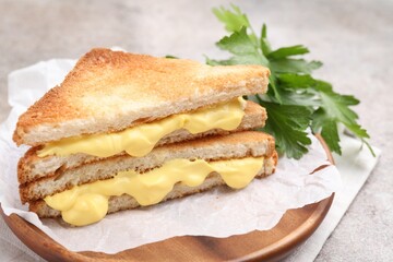 Tasty sandwiches with melted cheese and parsley on grey table, closeup