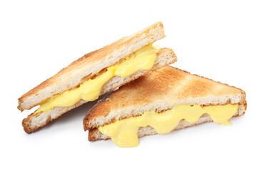 Tasty sandwiches with melted cheese isolated on white