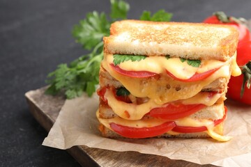 Tasty sandwiches with melted cheese, tomatoes and parsley on black table, closeup
