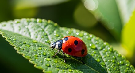 Fototapeta premium Ladybug on Dew-Kissed Leaf: A Macro Photography Masterpiece