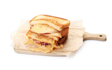 Tasty sandwiches with melted cheese and ham isolated on white