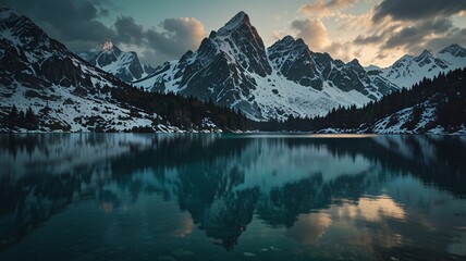 Epic Snowy Mountains and Turquoise Alpine Lake in Cinematic Light V3