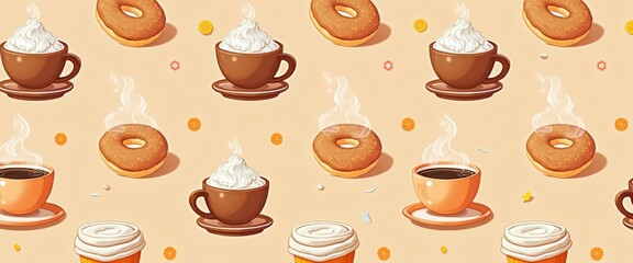 Seamless pattern of steaming cups of coffee with whipped cream and delicious doughnuts perfect for a cozy morning breakfast or a sweet treat