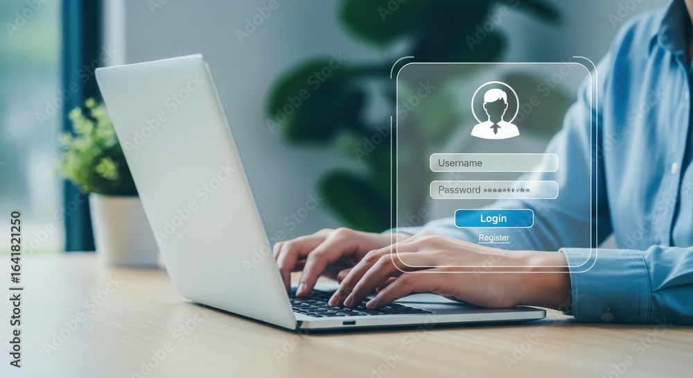 Poster login authentication process: a user typing credentials on a laptop with interface overlay