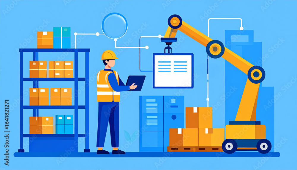 Poster warehouse worker managing automated robotic arm for logistics. a worker oversees the robotic arm in 