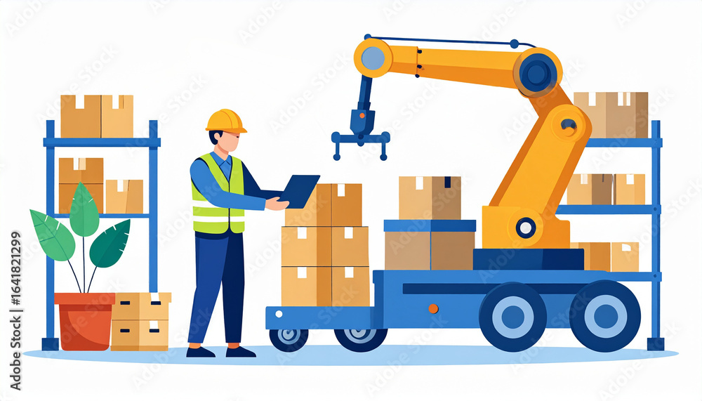 Poster a worker and automated machinery collaborating in a warehouse environment