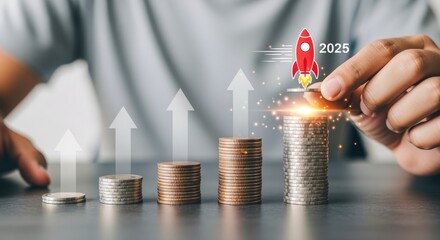 Financial Growth Target for 2025: Hand Placing Rocket on Stack of Coins, Upward Trend