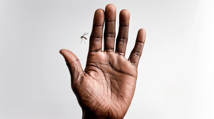 Open palm blocks tiny mosquito in stop gesture representing insect control and pest prevention. Hand protection against disease-carrying mosquitoes and flying insect repellent concept.