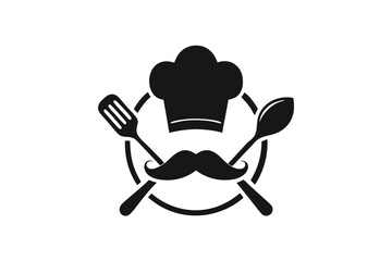 Chefs hat, mustache, spatula and spoon in minimalistic black icon, isolated on white