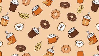 Seamless pattern of coffee cups and donuts with whipped cream and autumn leaves perfect for cafe branding food packaging and seasonal decorations
