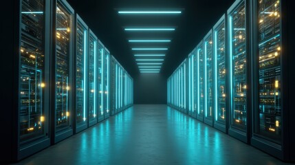 A futuristic data center corridor lined with illuminated server racks and advanced cooling systems, glowing with blue and yellow lights