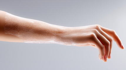 Artificial skin regeneration technology for medical transplantation. Advanced tissue engineering showing synthetic cellular structure on human arm for regenerative medicine applications.