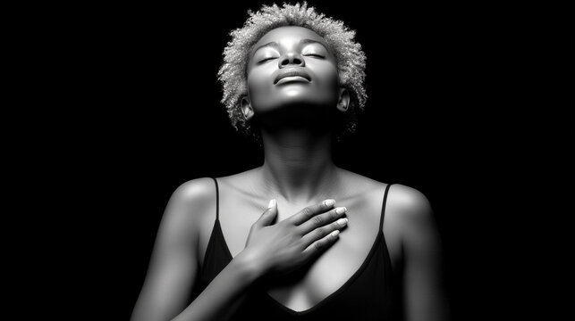 Peaceful African American woman with hand on heart looking upward in gratitude and prayer. Black and white portrait representing mental health, forgiveness, healing and spiritual release.
