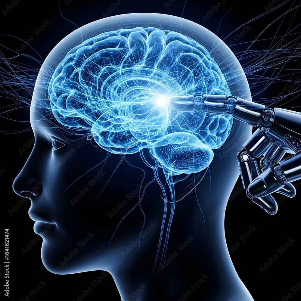Poster robotic arm interacting with a glowing blue human brain representing artificial intelligence and tec