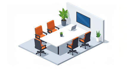 Fototapeta premium Modern meeting room with a large table, chairs, plants, and a screen